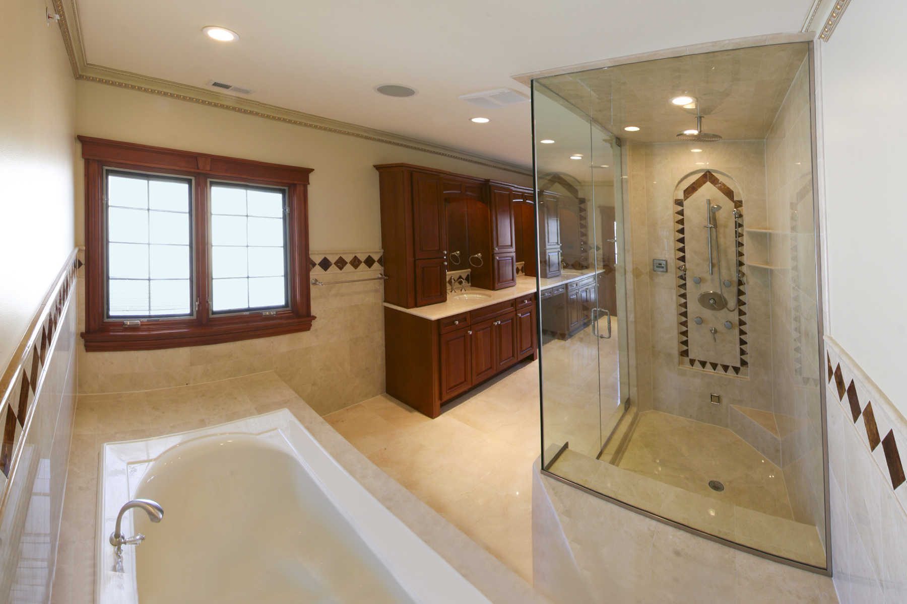 Master Bathroom, Shower - Navajo Ave., Lincolnwood, IL Custom Home. America's Custom Home Builders: New Construction, Remodeling, Restoration Services. Residential and Commercial.